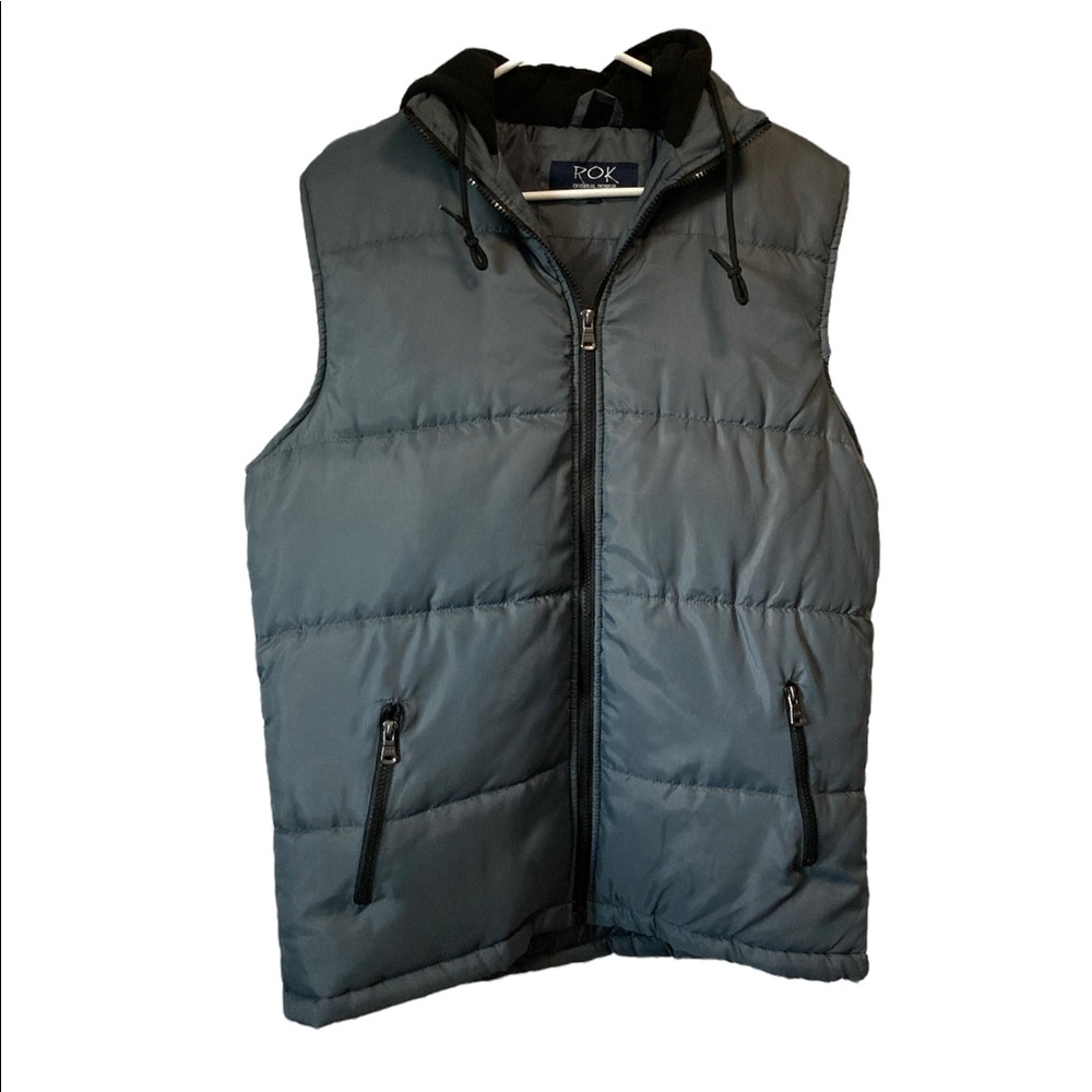 Rok Insulated Puffer Vest Front Zip Attached Fleece Hood Gorpcore Gray Medium
